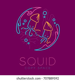 Two Squid, Water splash, Coral, Seaweed and Air bubble logo icon outline stroke set dash line design illustration isolated on purple background with Squid text and copy space