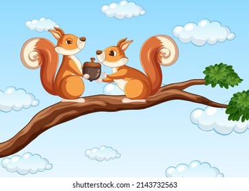 Two squirrel on wooden branch illustration