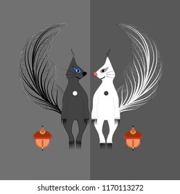 Two squirrels and acorns.