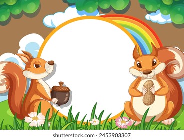 Two squirrels with acorns under a colorful rainbow.