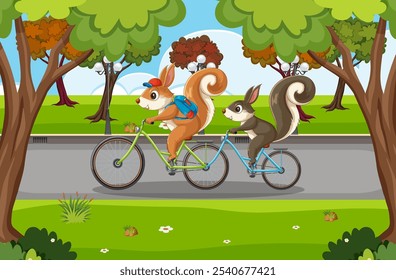 Two squirrels biking through a vibrant park