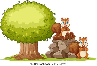 Two squirrels collect acorns by a large tree.
