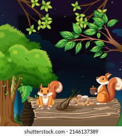 Two squirrels collecting nuts at night illustration