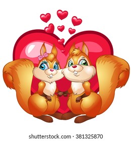 Two squirrels in love holding hands on the background of hearts. Wild animals. 
Sketch greeting cards, posters, wedding invitations or other party. Vector illustration.