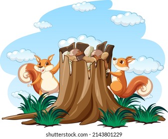 Two squirrels and nuts in the garden illustration