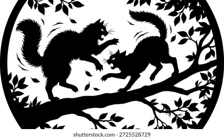 Dos ardillas en una rama de árbol en una obra de arte de la silueta en blanco y negro
