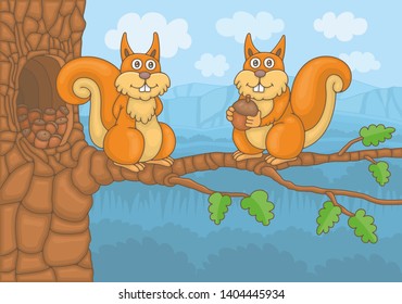 Two squirrels on tree. Funny cartoon and vector illustration