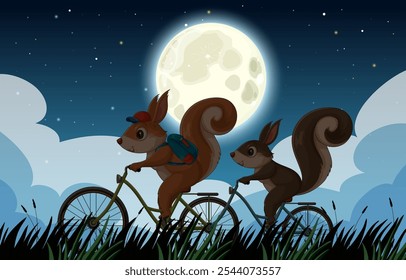 Two squirrels ride bikes beneath a full moon