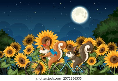 Two squirrels ride bikes under a full moon