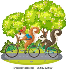 Two squirrels riding bikes on a forest path