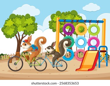 Two squirrels riding bikes in a vibrant playground