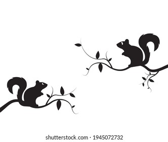 Two squirrels silhouettes on branch illustration, vector. Wall decals, wall art work, poster design isolated on white background. Minimalist background.