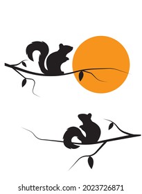 Two squirrels silhouettes on branch on sunset illustration, vector. Wall decals, wall art work, poster design isolated on white background. Minimalist background.