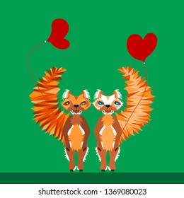 Two squirrels stand and each holds a red heart-shaped balloon.