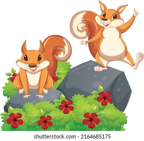 Two squirrels standing on rock illustration