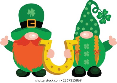 Two St Patrick s Day gnomes holding a lucky horseshoe

