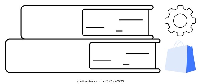 Two stacked books next to a gear and a shopping bag. Ideal for educational themes, online learning, technology integration, commerce, and resource management. Simple minimalist design