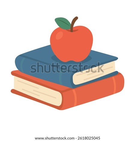 Two stacked books with a red apple on top. Cute flat cartoon illustration for school, teacher, or learning concepts.
