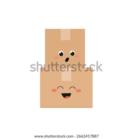 Two stacked cartoon cardboard boxes with funny faces. Vector illustration isolated on white background