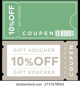 Se muestran dos diseños de vales de regalo de Cupón apilados que presentan un prominente diez por ciento de descuento en la promoción ideal para el marketing minorista y los incentivos de ahorro de los Clientes.