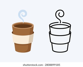 Two stacked disposable paper coffee cups with a protective cardboard sleeve and rising aroma swirls, shown in flat color layout and bold line art.