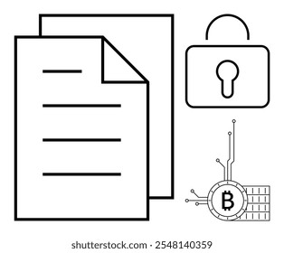 Two stacked documents, a secure lock and a Bitcoin symbol with circuitry. Ideal for security, finance, data protection, cryptocurrency, and digital transactions. Black and white, minimalistic style