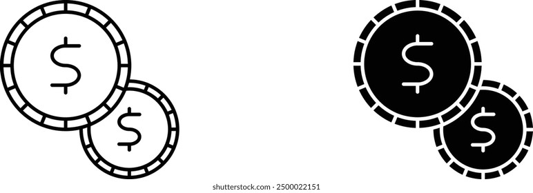 Icono de dos monedas de dólar apiladas, perfecto para aplicaciones financieras, bancarias, comerciales y de comercio electrónico