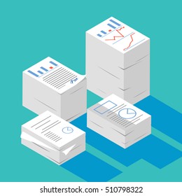 Two stacked paper,Heap of report,research,work,documents isometric flat 3d style