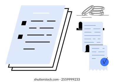 Two stacked papers with text and icons alongside bills or receipts, a blue checkmark on one, and coins in the background. Ideal for finance, accounting, budgeting, bookkeeping, and expense tracking