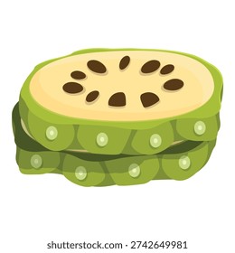 Two stacked soursop slices displaying seeds, flesh, and green rind in a close up view