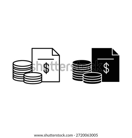 Two stacks of coins next to documents with dollar signs in black and white