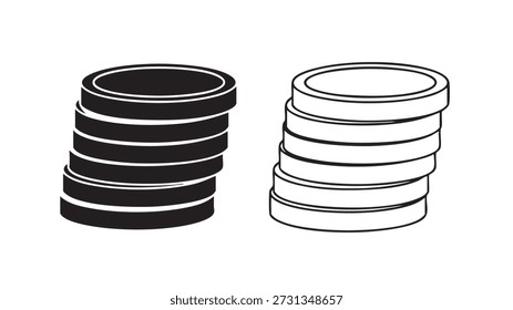 Dos pilas de monedas uno negro y uno blanco lado a lado sobre fondo blanco