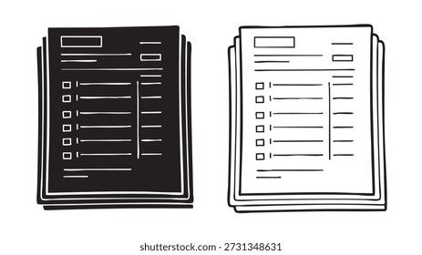 two stacks of paper with checklists one black and one white isolated on white background