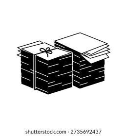Two stacks of paper, one tied with a string, representing organized documents and paperwork.