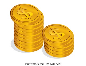 Two stacks of shiny gold coins prominently displaying dollar signs, representing wealth accumulation and financial success on a clean background