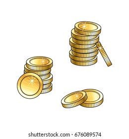Two stacks of shiny gold coins, tall and short, money symbol, sketch vector illustration isolated on white background. Realistic hand drawing of golden coins
