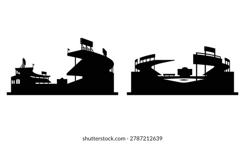 two stadium silhouettes with scoreboards and seating areas silhouette