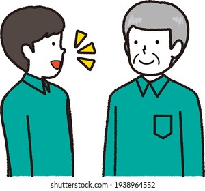 Two staff in work clothes: conversation