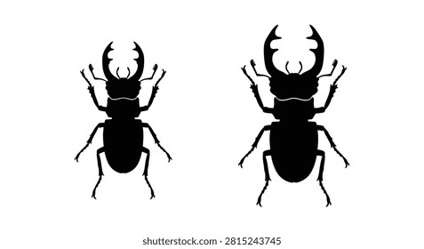 Two stag beetle silhouettes in varying sizes against a white background showcasing detailed insect forms silhouette arthropod coleoptera lucanidae mandibles