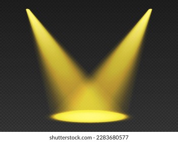 Two stage limelights. Yellow cone lights from top with darkened edges. Volumetric spotlight effect on dark background. Empty studio or concert scene. 3d rendering.