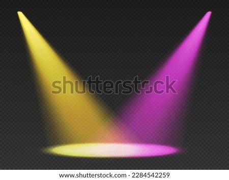 Two stage limelights. Yellow and pink cone lights from top with darkened edges. Volumetric spotlight effect on dark background. Empty studio or concert scene. 3d rendering.