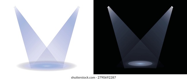 Two stage spotlights casting bright blue light beams on floor surface isolated on dark black backdrop art.