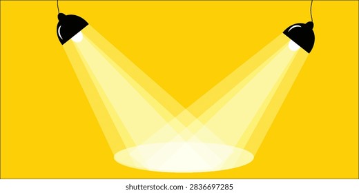 Two stage spotlights casting focused beams on a vibrant yellow backdrop, creating a dramatic and energetic atmosphere suitable for performances or events.