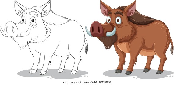 Two stages of a boar illustration, sketch to color