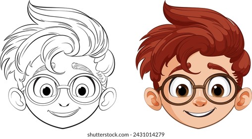 Two stages of a boy's face, sketch and color