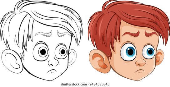 Dos etapas de la cara de un niño, del boceto al color