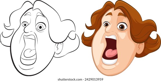 Two stages of a cartoon face, outlined and colored