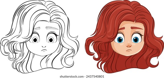 Two stages of a character illustration, sketch and color