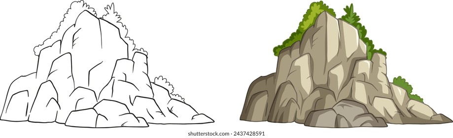 Two stages of a cliff, barren and vegetated.