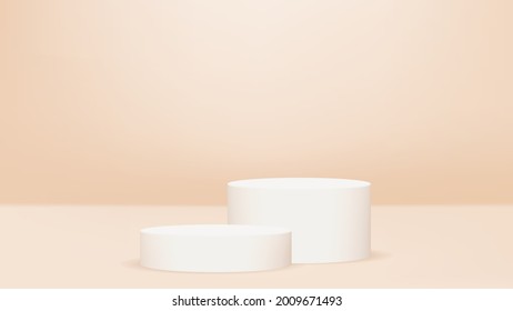 Two stages or cylinder platforms or pedestals on cream background. Cream, sepia, pastel colors. Three-dimensional 3d white stages. Vector illustration
